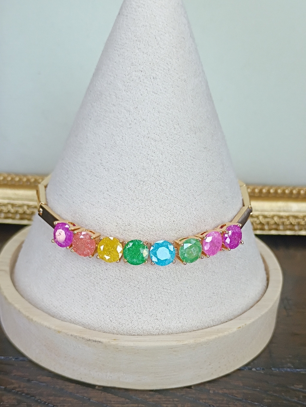 New Multicolor Gemstone Tennis Bracelet - Gold Tone